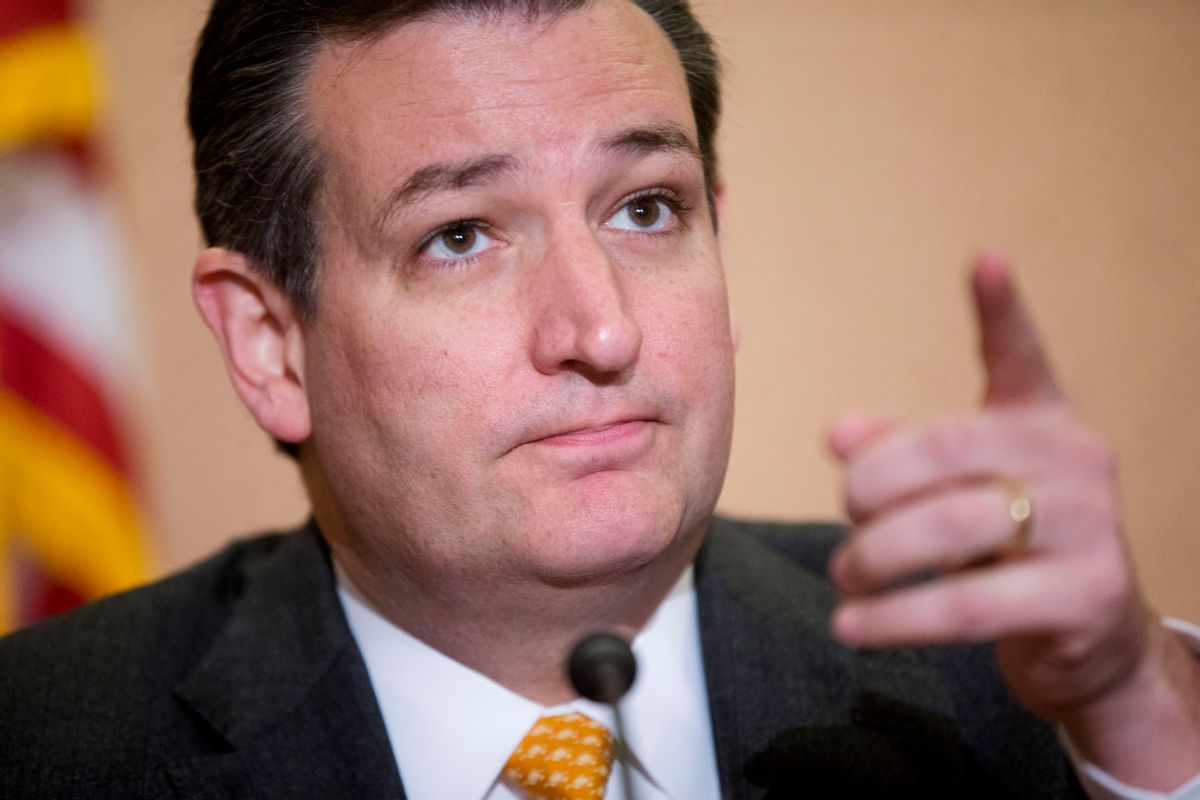 Republican presidential candidate Sen. Ted Cruz, R-Texas gestures as he takes questions from members of the media during a news conference with Texas Gov. Greg Abbott, about the resettlement of Syrian refugees in the U.S., during a news conference on Capitol Hill in Washington, Tuesday, Dec. 8, 2015. (AP Photo/Pablo Martinez Monsivais) (AP)