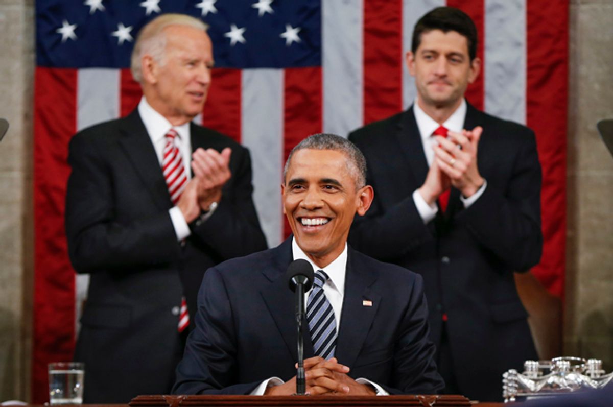 Joe Biden and Paul Ryan applaud Barack Obama during the State of the Union address, Jan. 12, 2016.   (AP/Evan Vucci)