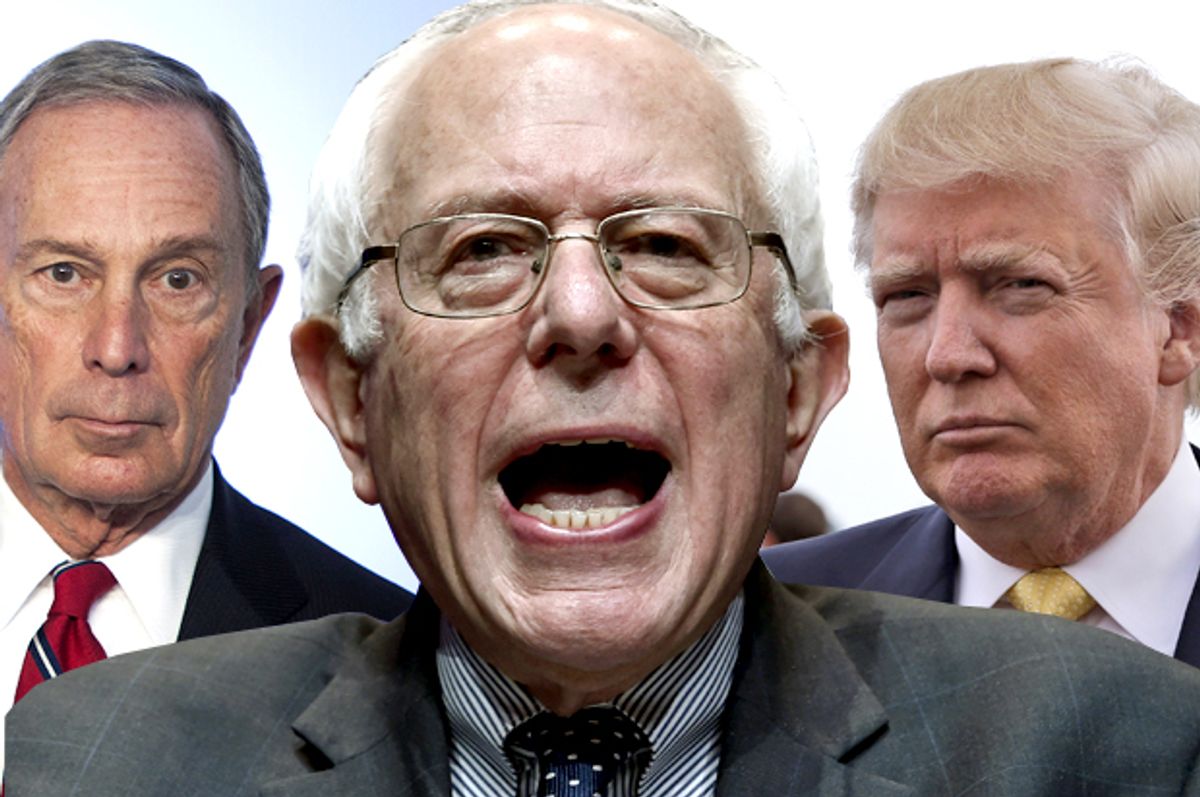 Michael Bloomberg, Bernie Sanders, Donald Trump   (AP/Reuters/Carlo Allegri/David Becker/Seth Wenig/Photo montage by Salon)