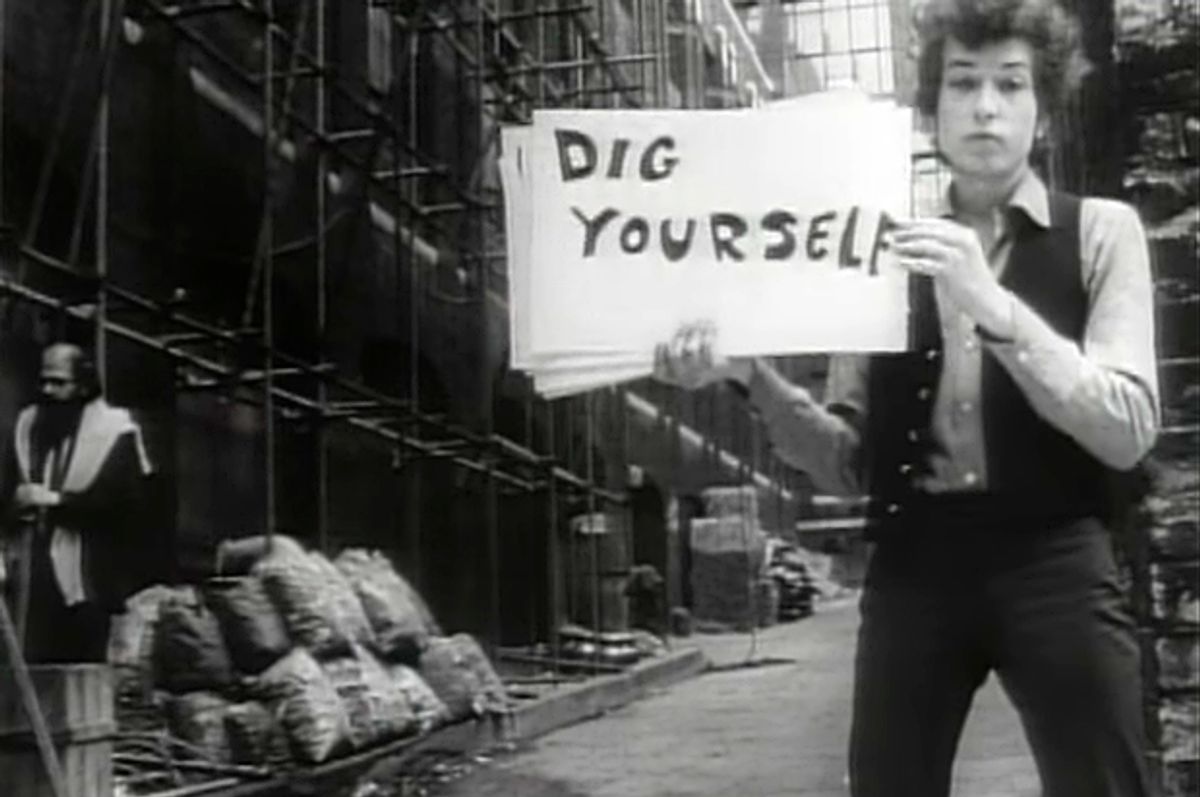 Bob Dylan in the video for "Subterranean Homesick Blues"