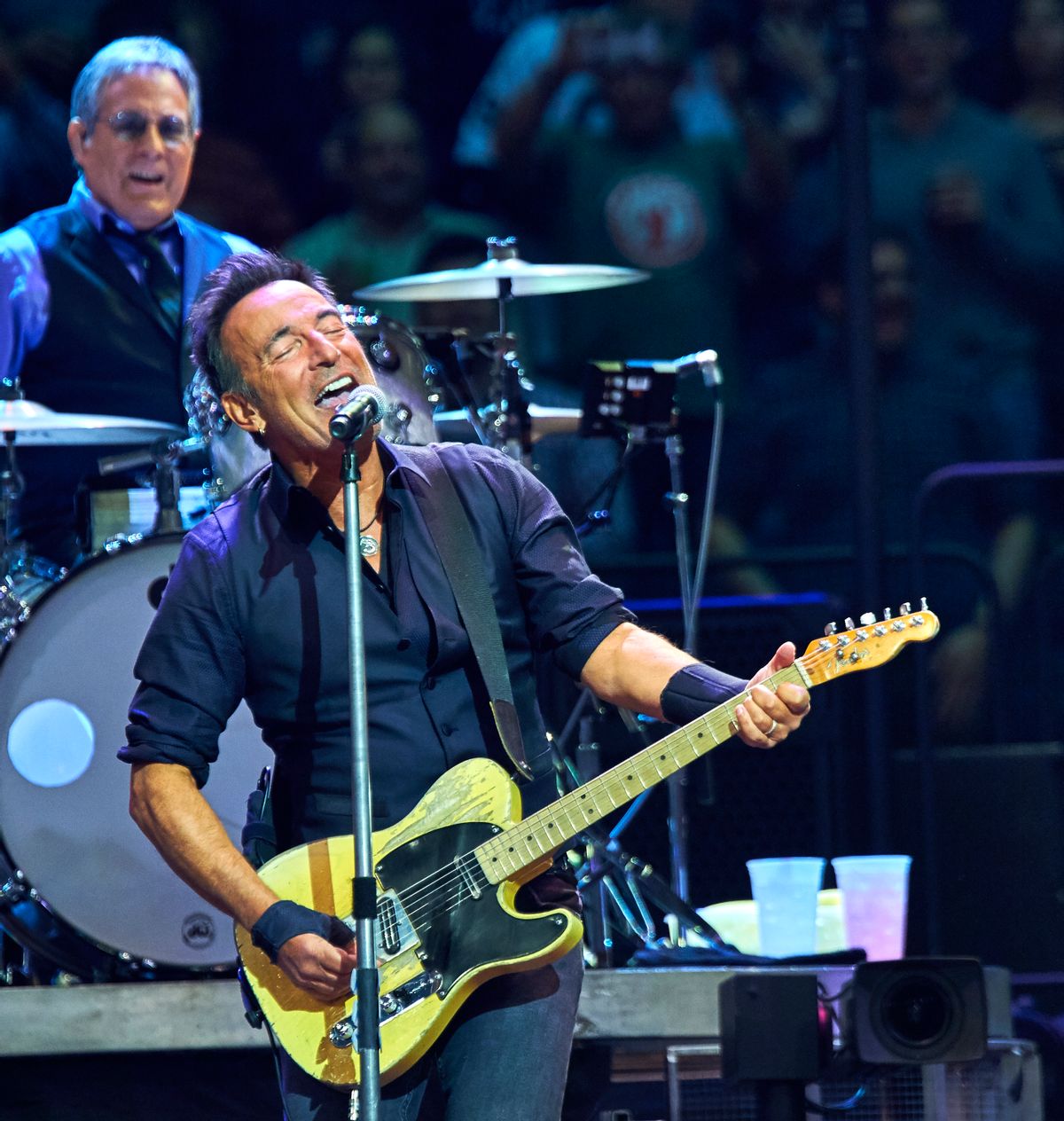 Bruce Springsteen and Max Weinberg, back, perform with the E Street Band at Madison Square Garden, Wednesday, Jan. 27, 2016, in New York.  (Photo by Robert Altman /Invision/AP) (Robert Altman/invision/ap)