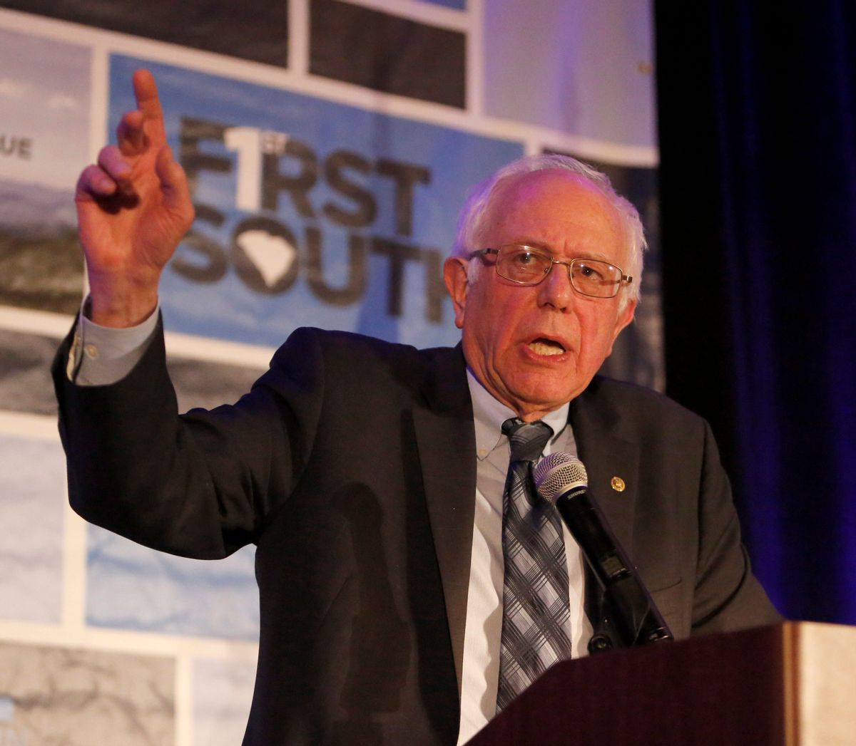 Democratic presidential candidate Sen. Bernie Sanders, I-Vt., speaks during the First in the South Dinner at the Charleston Mariott Saturday, Jan. 16, 2016, in Charleston, S.C. (AP Photo/Mic Smith) (AP)