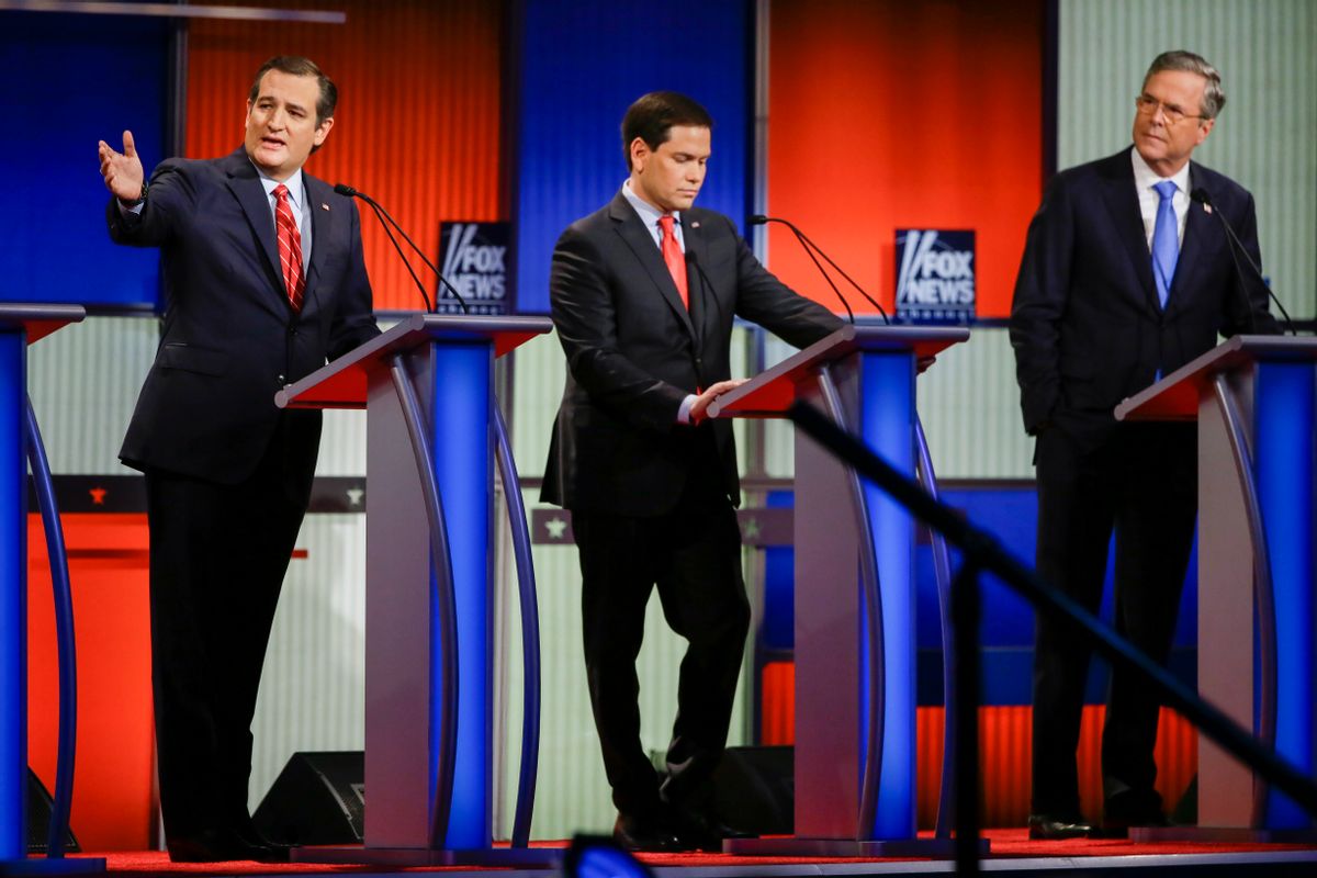 Republican presidential candidate Sen. Ted Cruz, R-Texas, left, answers a question as Sen. Marco Rubio, R-Fla., center, listens and former Florida Gov. Jeb Bush, right, looks on during a Republican presidential primary debate, Thursday, Jan. 28, 2016, in Des Moines, Iowa. (AP Photo/Charlie Neibergall) (AP)
