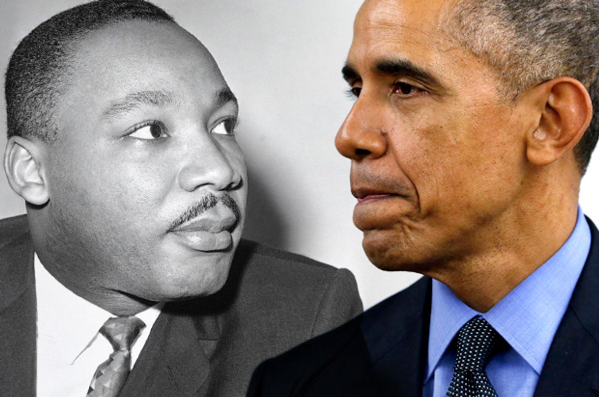 Martin Luther King Jr,  Barack Obama (AP/Bill Ingraham/Reuters/Jonathan Ernst/Photo montage by Salon)