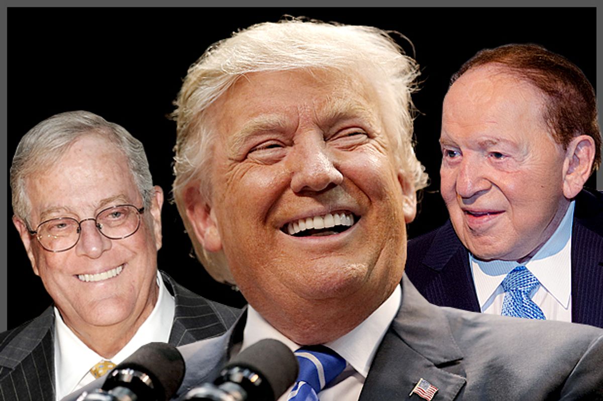 David Koch, Donald Trump, Sheldon Adelson   (AP/Reuters/Mark Lennihan/Chris Keane/Scott Roth/Photo Montage by Salon)
