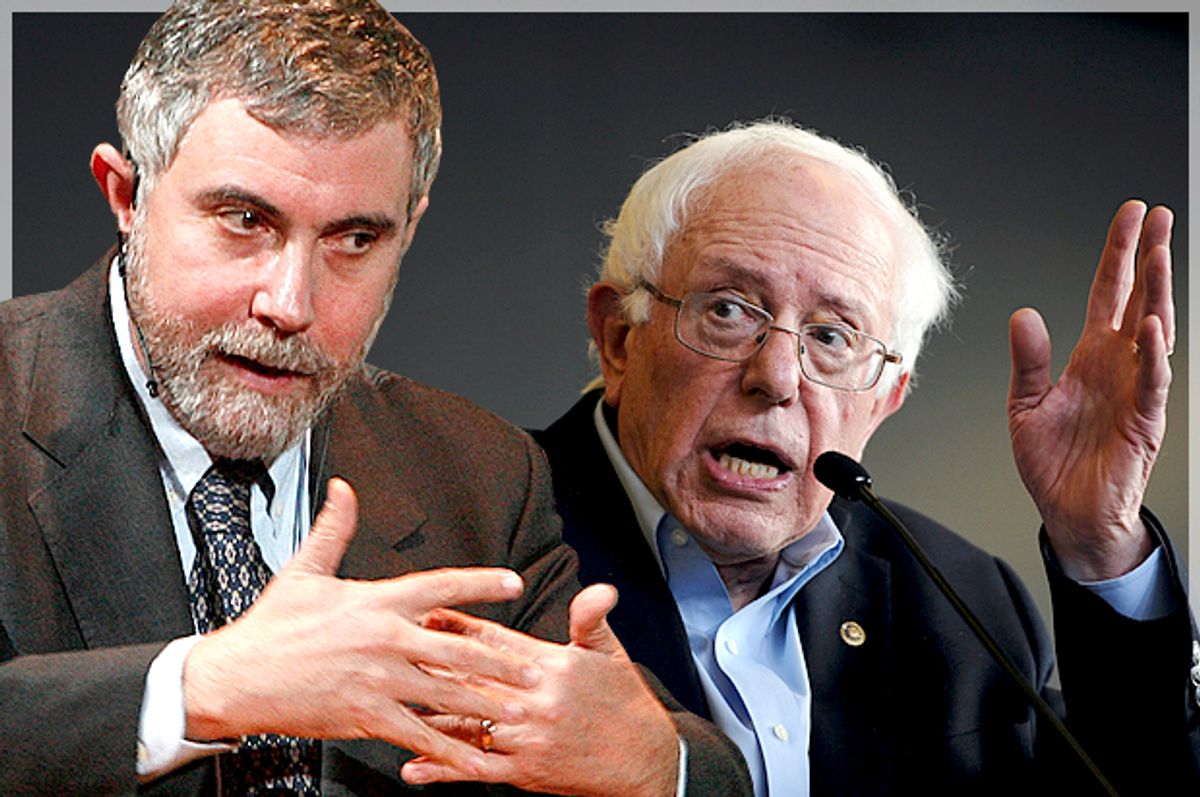 Paul Krugman, Bernie Sanders   (Reuters/Bob Strong/Mark Kauzlarich/Photo montage by Salon)