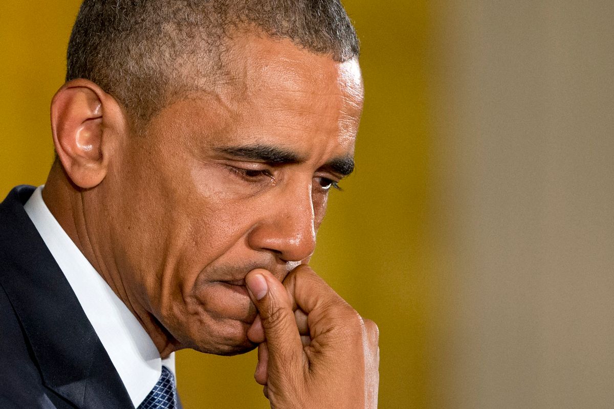 An emotional President Barack Obama pauses as he speaks about the youngest victims of the Sandy Hook shootings, Tuesday, Jan. 5, 2016, in the East Room of the White House in Washington, where he spoke about steps his administration is taking to reduce gun violence. (AP Photo/Jacquelyn Martin) (AP)