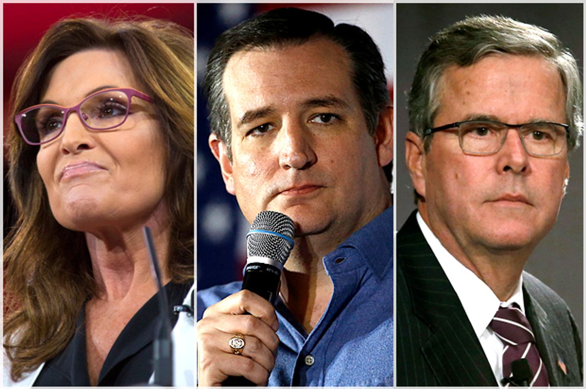 Sarah Palin, Ted Cruz, Jeb Bush   (Jeffery Malet, maletphoto.com/AP/Matt Rourke/Reuters/Jim Young)