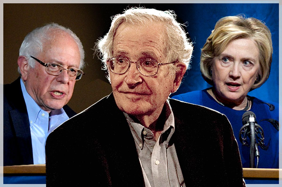 Bernie Sanders, Noam Chomsky, Hillary Clinton   (AP/Reuters/Mark Kauzlarich/Jorge Dan/Steve Dipaola/Photo montage by Salon)
