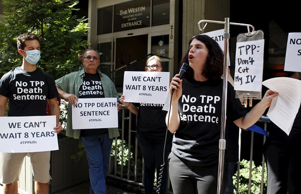 A protest outside the Trans-Pacific Partnership ministerial meetings in Atlanta, Georgia in September  (Reuters)