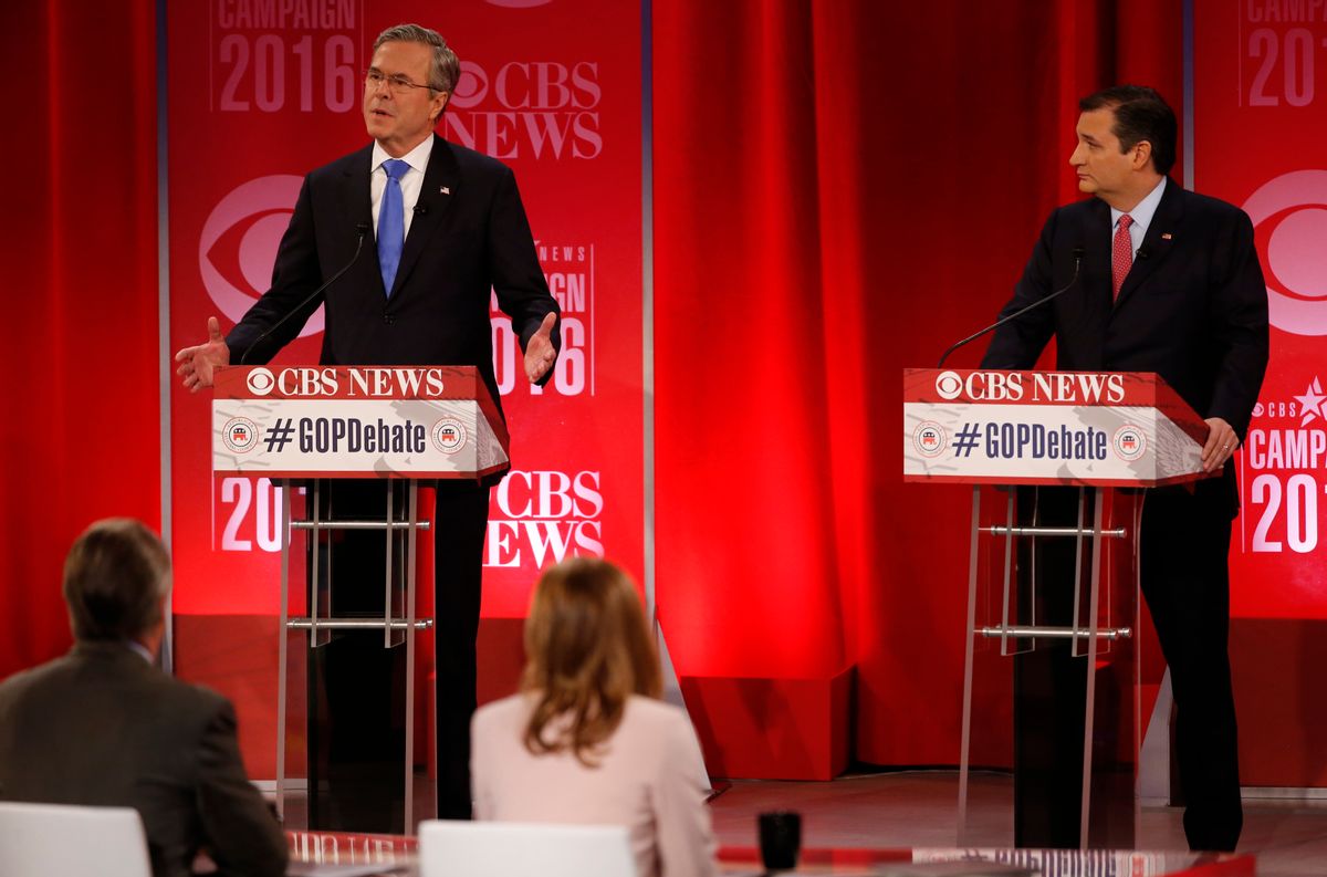 Republican U.S. presidential candidate and former Governor Jeb Bush (L) speaks as Senator Ted Cruz looks on at the Republican U.S. presidential candidates debate sponsored by CBS News and the Republican National Committee in Greenville, South Carolina February 13, 2016. REUTERS/Jonathan Ernst  - RTX26TM4 (Reuters)