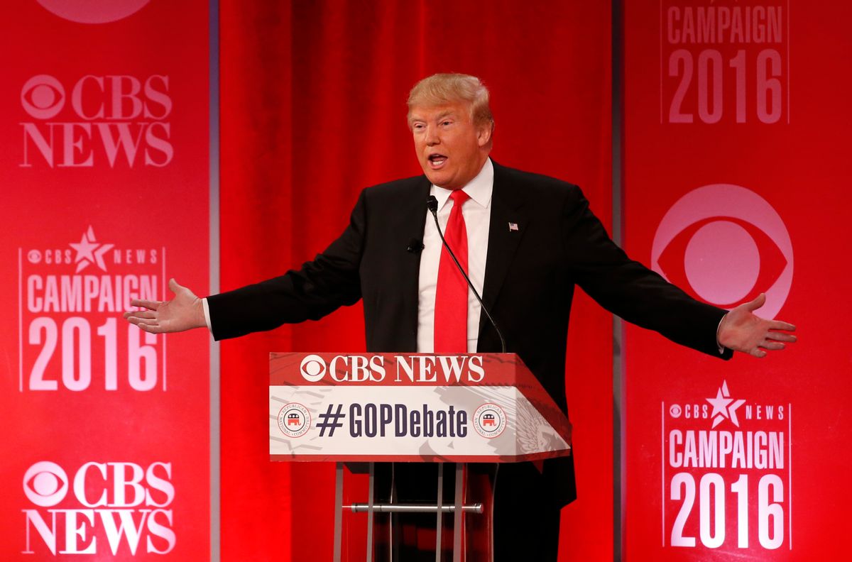 Republican U.S. presidential candidate businessman Donald Trump speaks at the Republican U.S. presidential candidates debate sponsored by CBS News and the Republican National Committee in Greenville, South Carolina February 13, 2016. REUTERS/Jonathan Ernst - RTX26TO2 (Reuters)