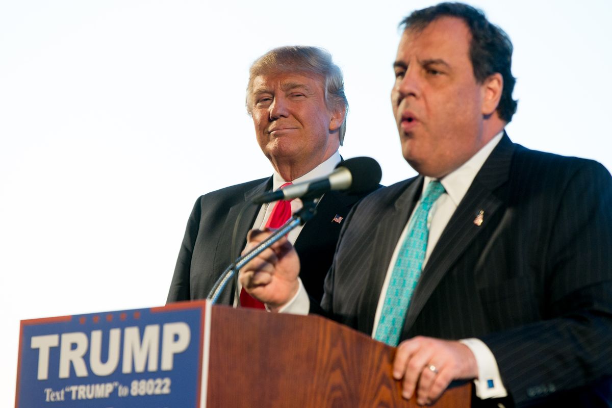 New Jersey Gov. Chris Christie, right, introduces Republican presidential candidate Donald Trump, left, at a rally at Millington Regional Airport in Millington, Tenn., Saturday, Feb. 27, 2016. (AP Photo/Andrew Harnik) (AP)