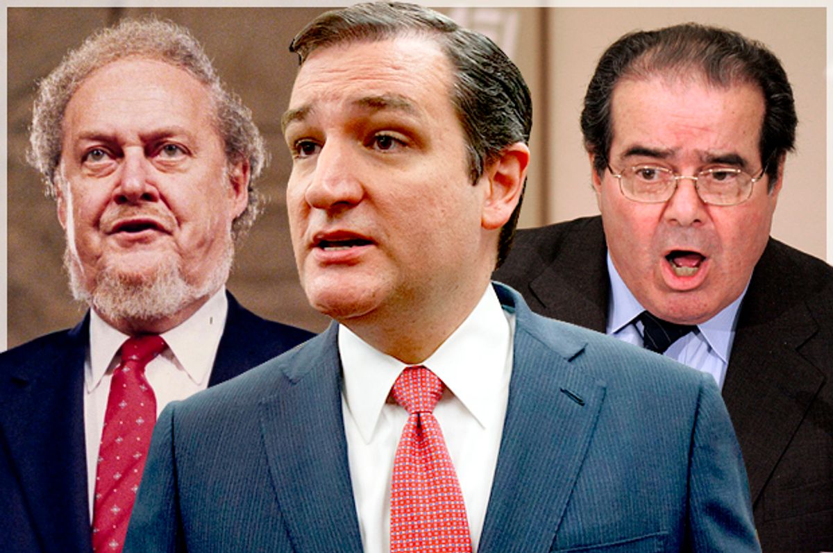 Robert Bork, Ted Cruz, Antonin Scalia   (AP/Reuters/John Duricka/J. Scott Applewhite/Kevin Lamarque/Photo montage by Salon)