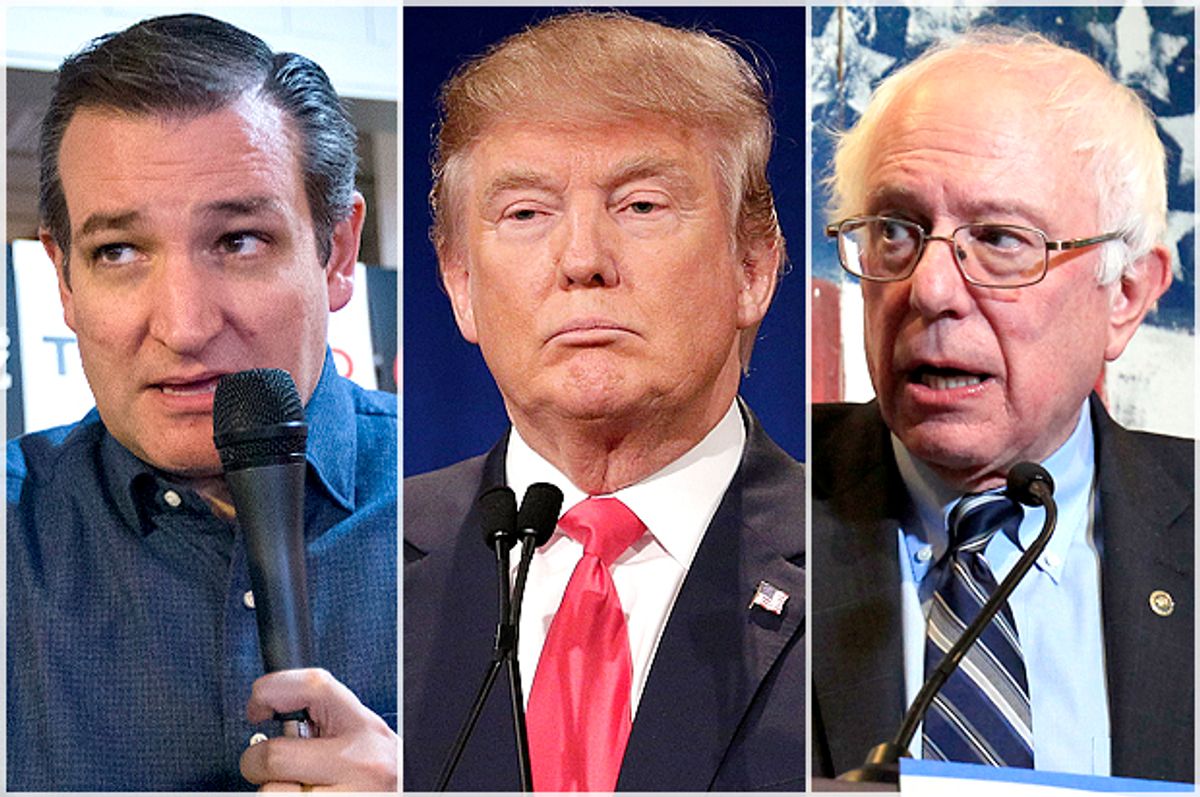 Ted Cruz, Donald Trump, Bernie Sanders   (AP/Reuters/John Minchillo/Chuck Burton/Steve Marcus)