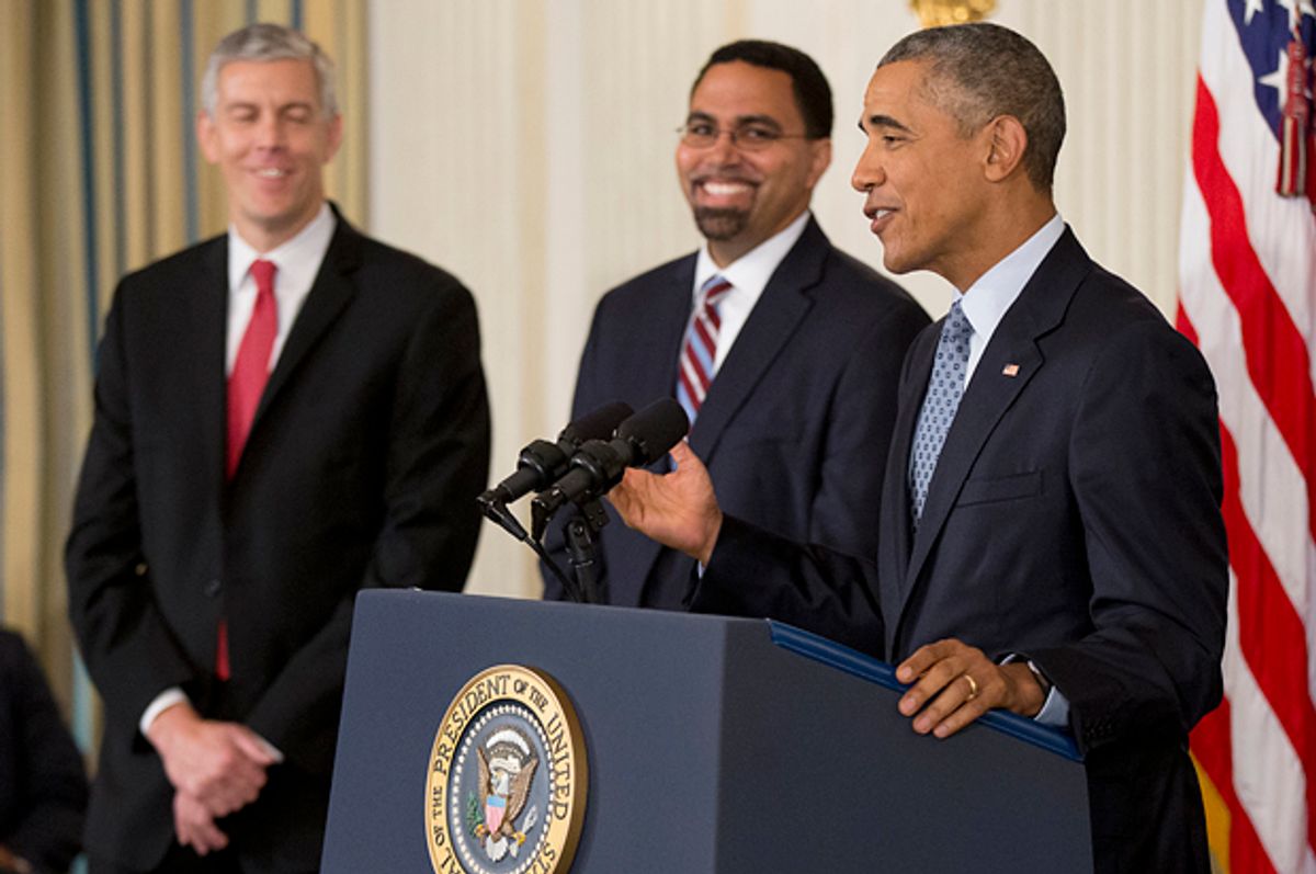 Arne Duncan, John King, Barack Obama   (AP/Manuel Balce Ceneta)