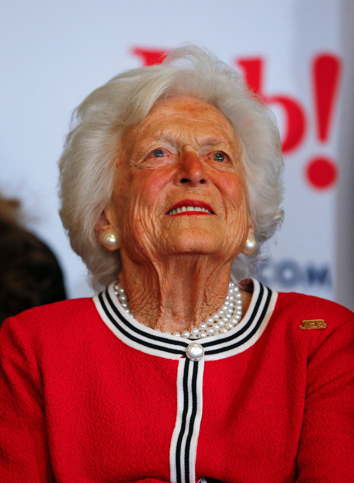 Former first lady Barbara Bush listens to her son, Republican presidential candidate, former Florida Gov. Jeb Bush speak during a campaign stop at Wade's Restaurant, Friday, Feb. 19, 2016 in Spartanburg, S.C. (AP Photo/Paul Sancya) (AP)
