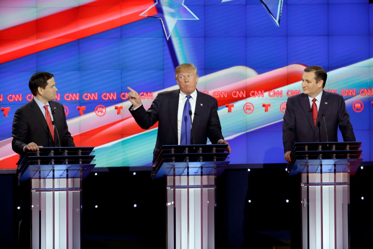 Republican presidential candidate, businessman Donald Trump, center, speaks as Republican presidential candidate, Sen. Marco Rubio, R-Fla., left, and Republican presidential candidate, Sen. Ted Cruz, R-Texas, right, look on during a Republican presidential primary debate at The University of Houston, Thursday, Feb. 25, 2016, in Houston. (AP Photo/) (AP/David J. Phillip)