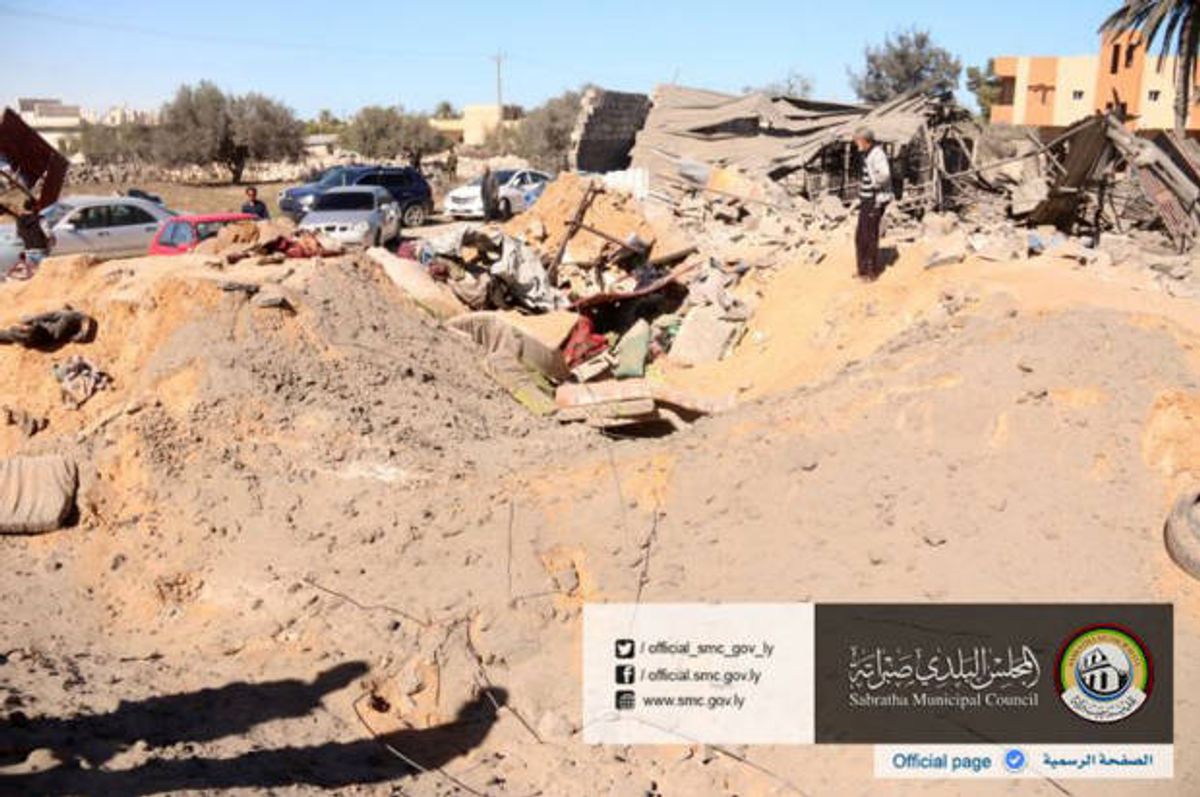 The site where U.S. warplanes struck an ISIS training camp in Sabratha, Libya, near the Tunisian border, on Friday, Feb. 19, 2016  (Sabratha Municipal Council via AP)