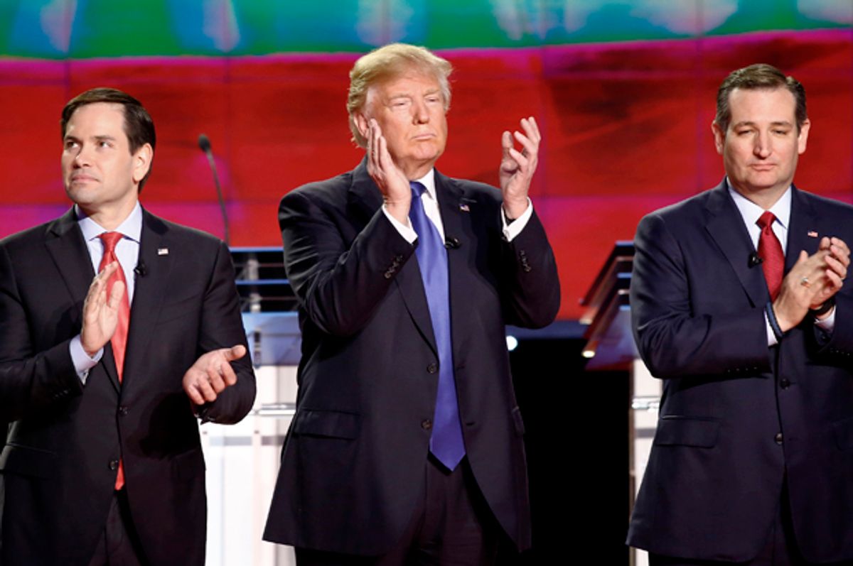 Marco Rubio, Donald Trump and Ted Cruz at the 2016 Republican debate in Houston, Texas, February 25, 2016.   (Reuters/Mike Stone)