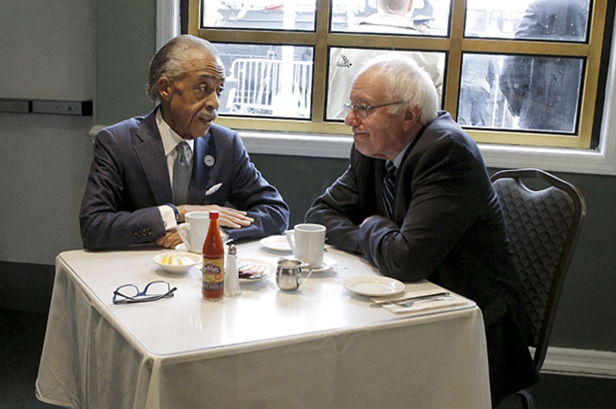 Bernie Sanders (R) meets with the Rev. Al Sharpton at Sylvia's Restaurant in Harlem, February 10, 2016.   (Reuters/Brendan McDermid)