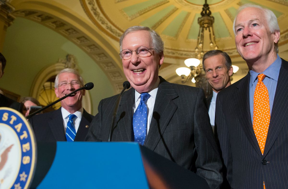 In this Tuesday, Feb. 23, 2016 photo, Senate Majority Leader Mitch McConnell, R-Ky., center, smiles and speaks to reporters as he is joined by, from right to left, Majority Whip John Cornyn, R-Texas, Sen. John Thune, R-S.D., and Sen. Roger Wicker, R-Miss., following a closed-door policy meeting on Capitol Hill in Washington.  Before President Barack Obama has chosen a nominee, nearly all the Senates majority Republicans seem dug in against even meeting that person. (AP Photo/J. Scott Applewhite) (AP)