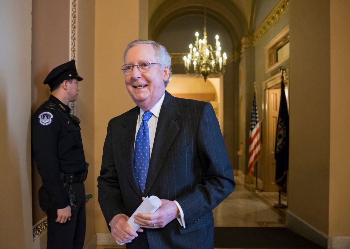Senate Majority Leader Mitch McConnell of Ky. walks to a closed-door GOP policy lunch on Capitol Hill in Washington, Tuesday, Feb. 23, 2016. (AP Photo/J. Scott Applewhite)