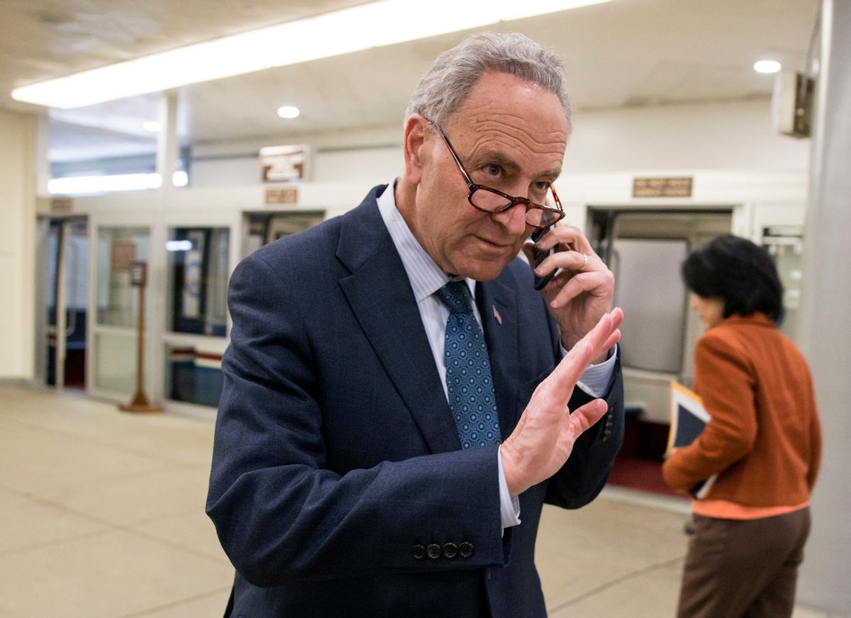 Sen. Chuck Schumer, D-N.Y., a member of the Democratic leadership who also serves on the Judiciary Committee, walks to the Senate on Capitol Hill in Washington, Monday, Feb. 22, 2016. Senators were returning to Washington Monday from a weeklong recess that saw the Justice Antonin Scalias unexpected passing inject a new issue into this election year.  (AP Photo/J. Scott Applewhite) (AP)