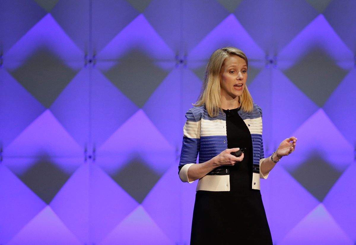 Yahoo CEO Marissa Mayer delivers the keynote address Thursday, Feb. 18, 2016, at the Yahoo Mobile Developer Conference in San Francisco. (AP Photo/Eric Risberg) (AP)