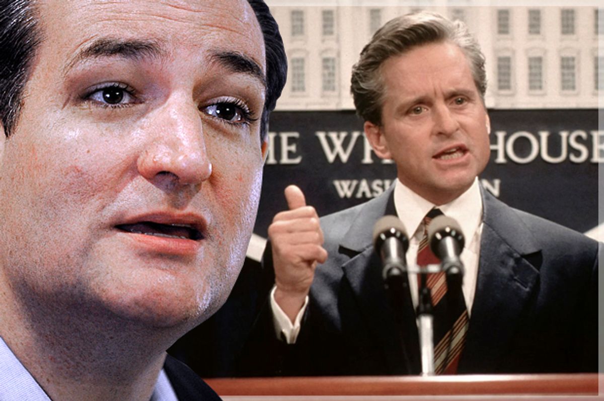 Ted Cruz; Michael Douglas in "The American President"   (AP/Pat Sullivan/Universal Pictures/Photo montage by Salon)