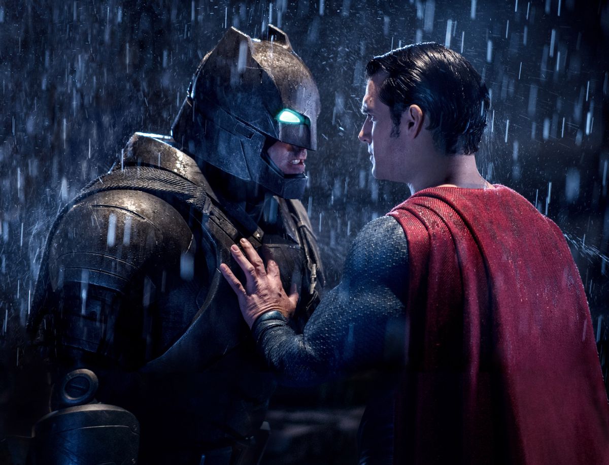 This image released by Warner Bros. Pictures shows Ben Affleck, left, and Henry Cavill in a scene from, "Batman v Superman: Dawn of Justice."  (Clay Enos/Warner Bros. Pictures via AP) (AP)