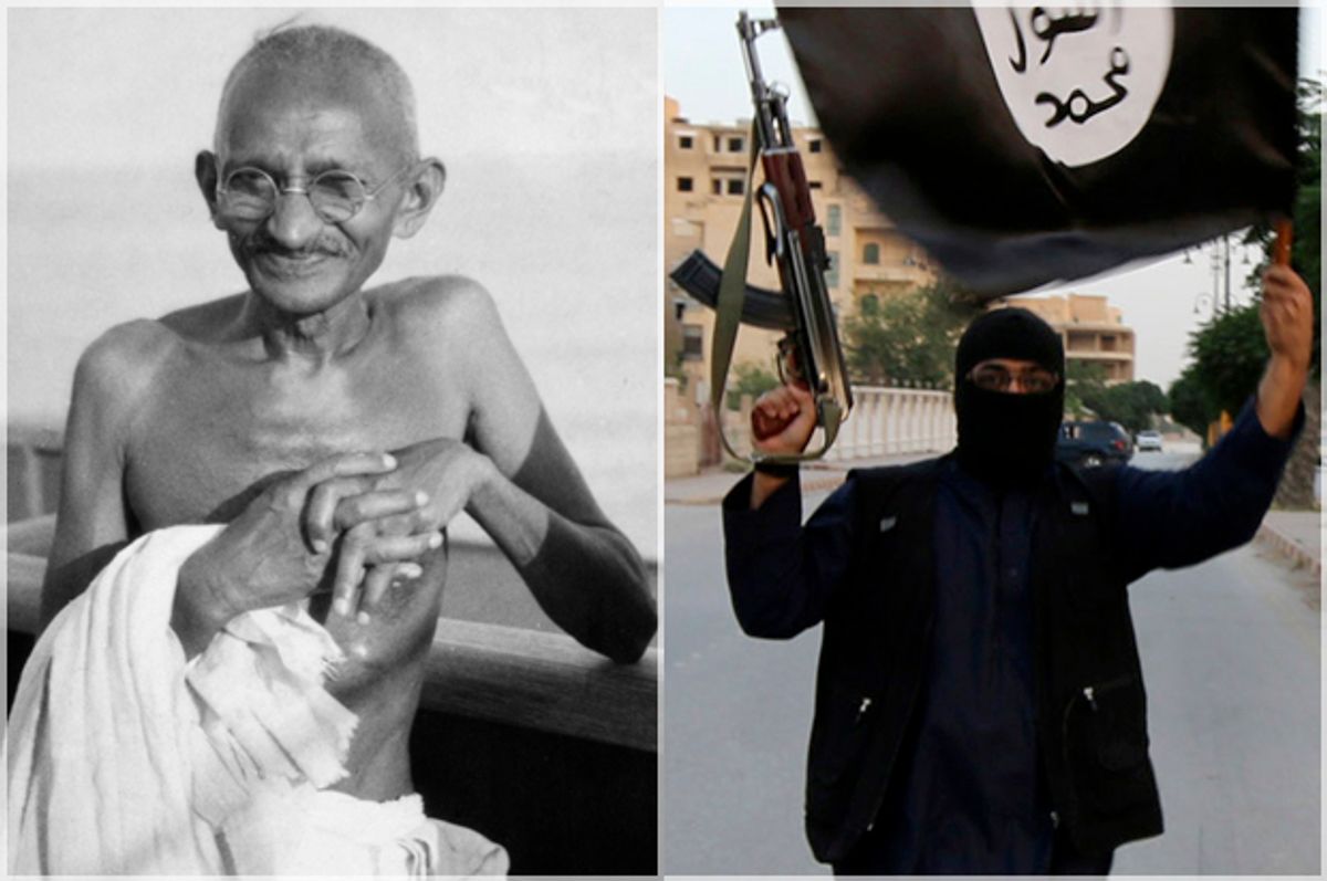 Mahatma Gandhi, pictured in 1931; a member loyal to the Islamic State in Iraq and the Levant (ISIL) in Raqqa June 29, 2014.   (AP/James A. Mills/Reuters)