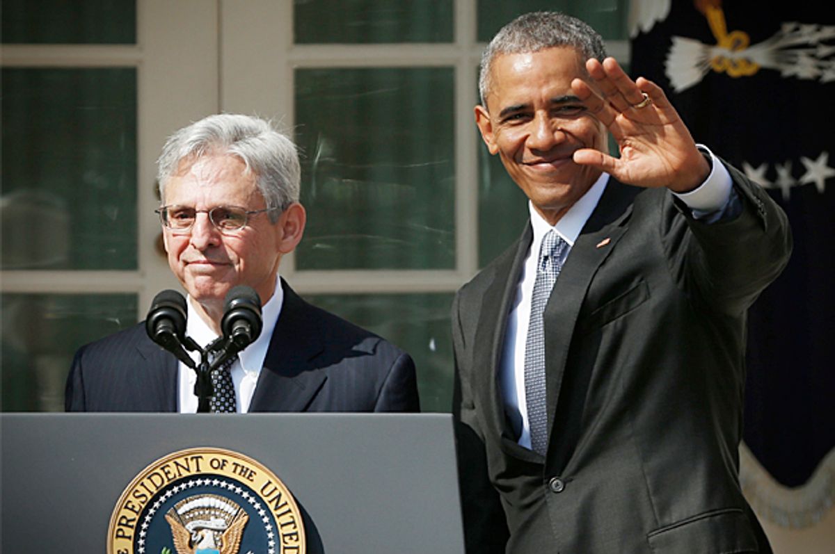 Barack Obama waves after Merrick Garland's remarks after announcing Garland as his nominee for the U.S. Supreme Court, March 16, 2016.   (Reuters/Kevin Lamarque)