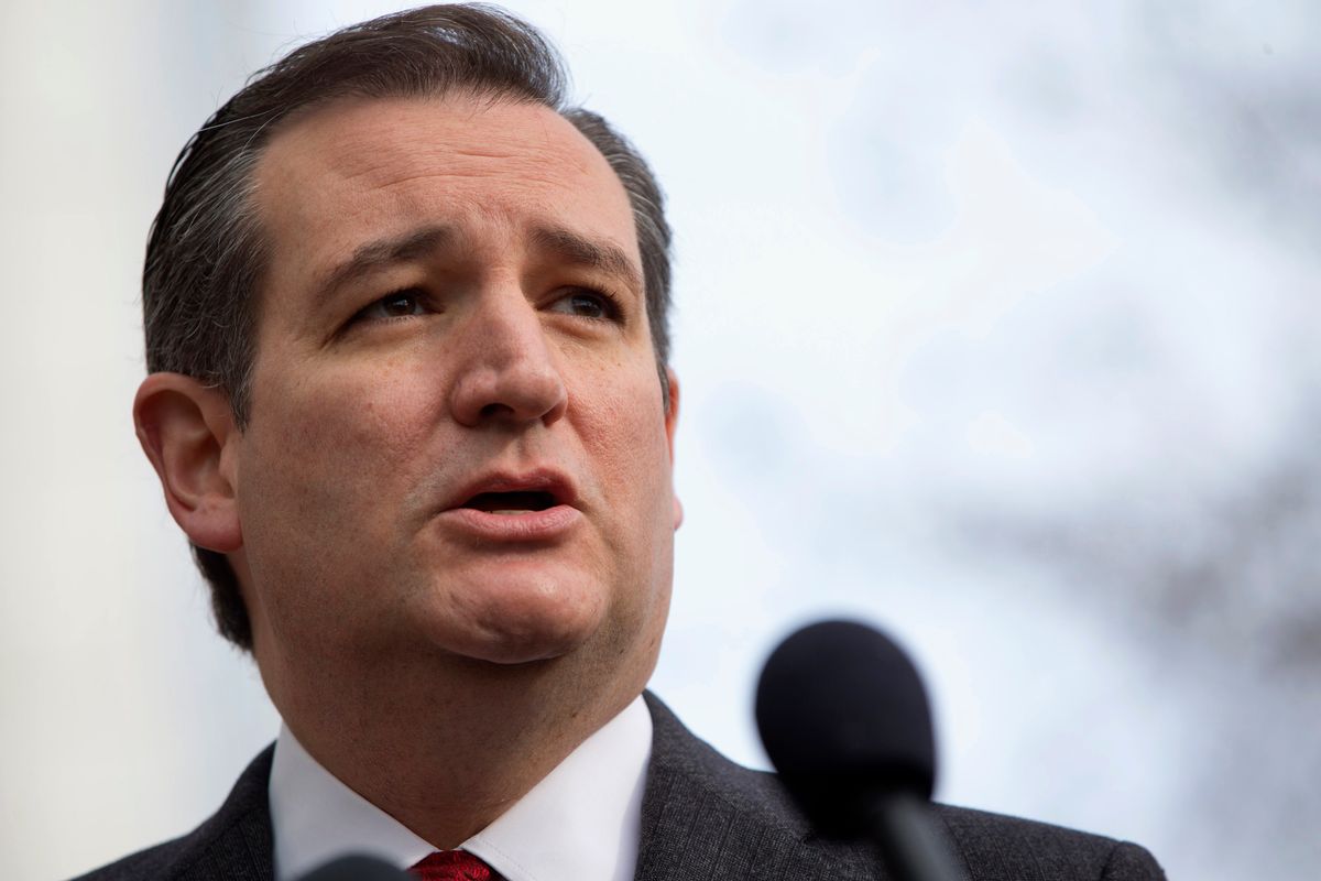 Republican presidential candidate, Sen. Ted Cruz, R-Texas speaks to the media about events in Brussels, Tuesday, March 22, 2016, near the Capitol in Washington. Cruz said he would use the "full force and fury" of the U.S. military to defeat the Islamic State group.  (AP Photo/) (AP/Jacquelyn Martin)