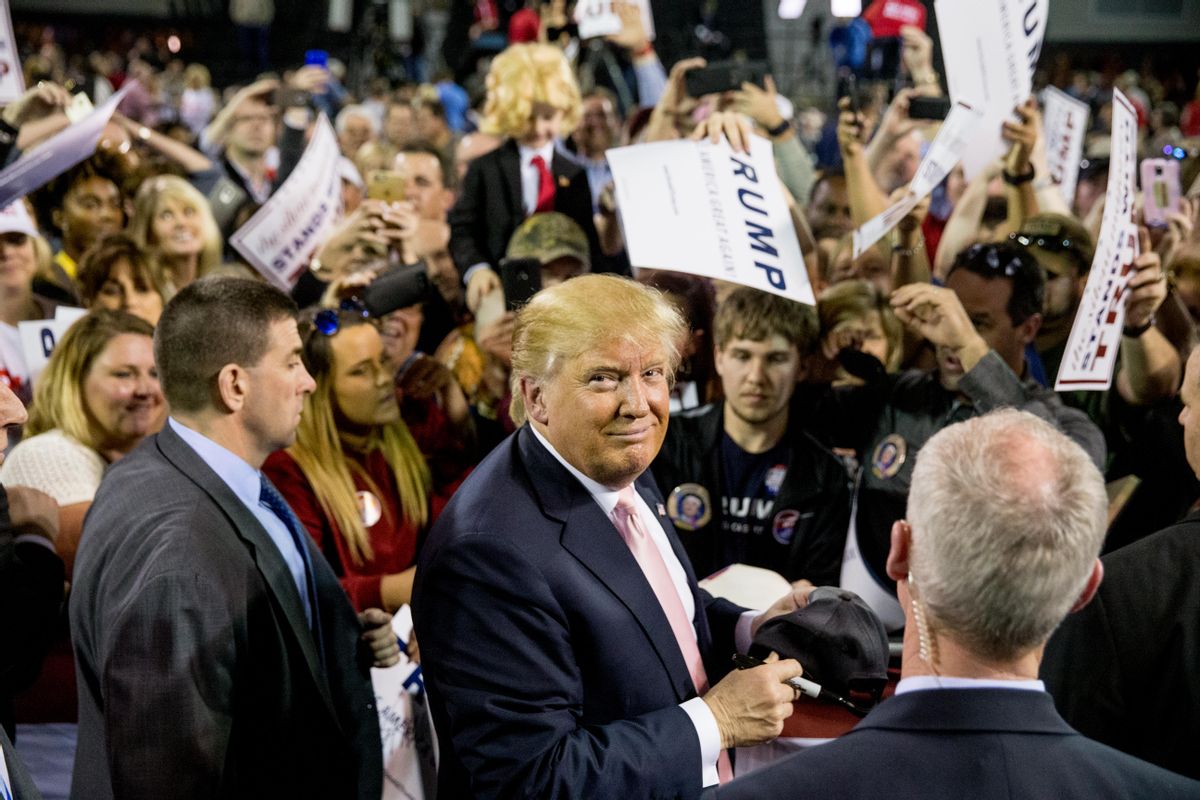 Republican presidential candidate Donald Trump greets members of the audience after speaking at a rally at Valdosta State University in Valdosta, Ga., Monday, Feb. 29, 2016. (AP Photo/Andrew Harnik) (AP)