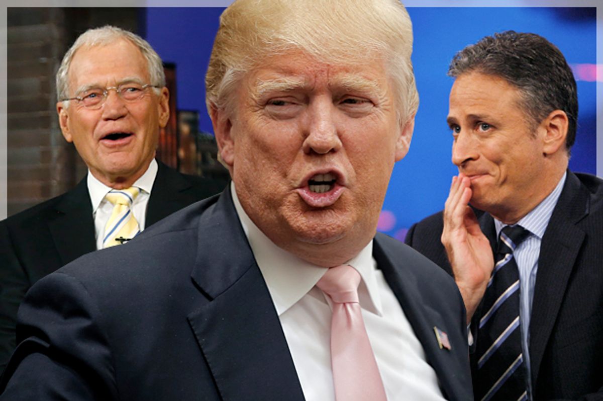 David Letterman, Donald Trump, Jon Stewart   (AP/Reuters/Jonathan Ernst/Chris Keane/Jason DeCrow/Photo montage by Salon)