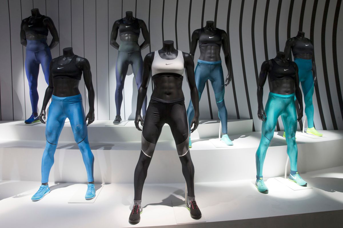 The Nike Power Speed tights, center, are displayed during a news conference, Wednesday, March 16, 2016, in New York. (AP Photo/Mary Altaffer) (AP)