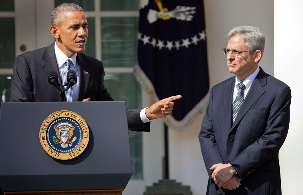 Federal appeals court judge Merrick Garland, stands with President Barack Obama as he is introduced as Obama's nominee for the Supreme Court. (AP)