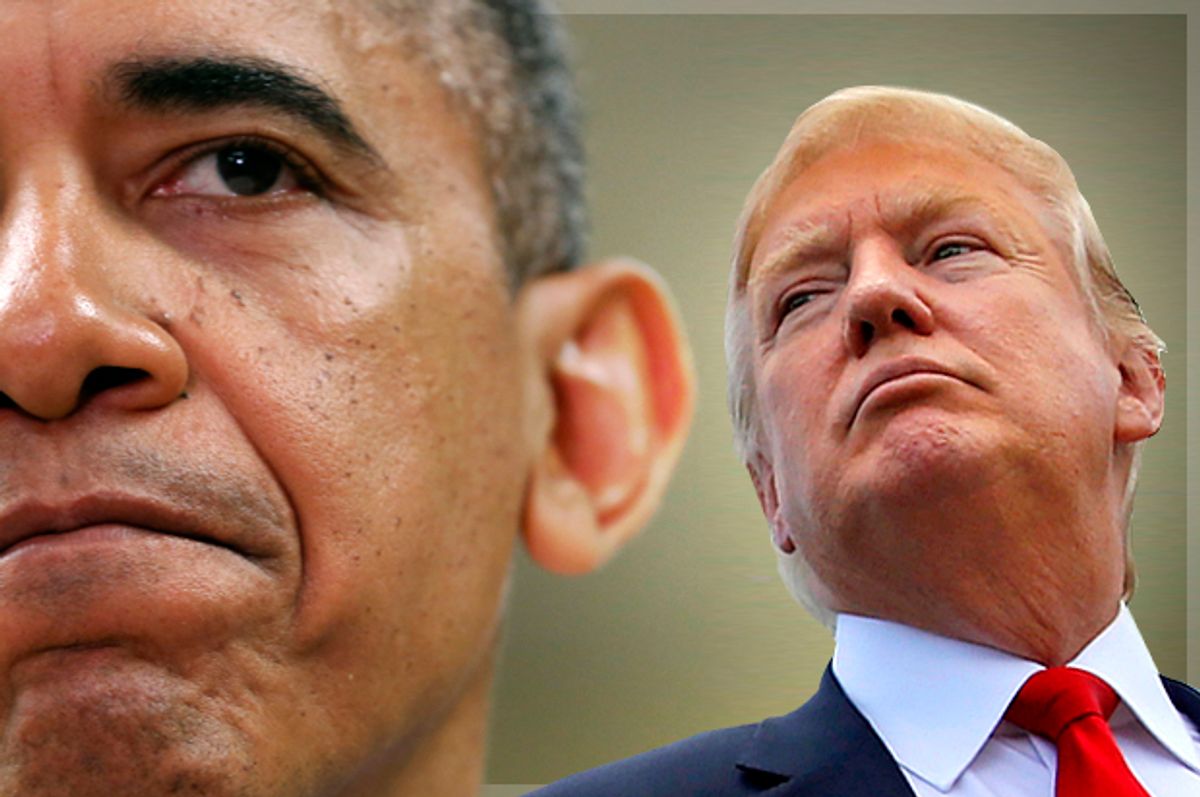 Barack Obama, Donald Trump   (Reuters/Kevin Lamarque/Jonathan Ernst/Photo montage by Salon)