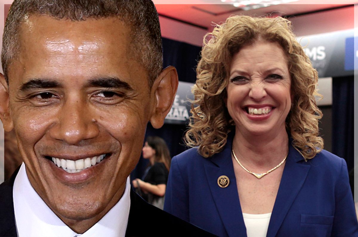 Barack Obama, Debbie Wasserman Schultz   (Reuters/Javier Galeano)