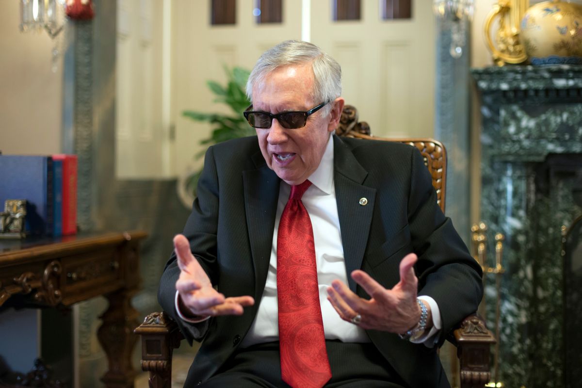 Senate Minority Leader Harry Reid, D-Nev., speaks during an interview with The Associated Press in his leadership office at the Capitol in Washington, Tuesday, March 8, 2016. Never one to back down from a political fight, the five-term Nevada Democrat has been relentlessly pounding Republicans over their insistence that President Barack Obamas successor fill the vacancy on the Supreme Court. The GOP remains unified. (AP Photo/J. Scott Applewhite) (AP)