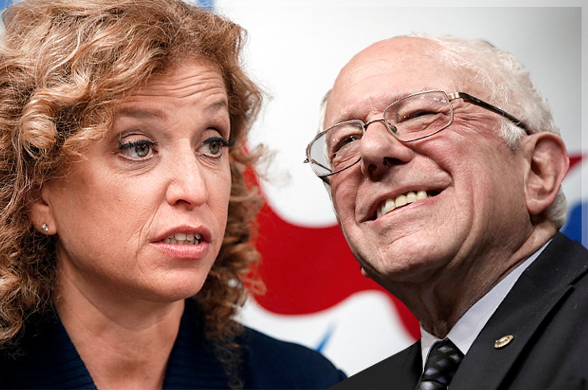 Debbie Wasserman Schultz, Bernie Sanders   (AP/Keith Srakocic/Alan Diaz/Photo montage by Salon)