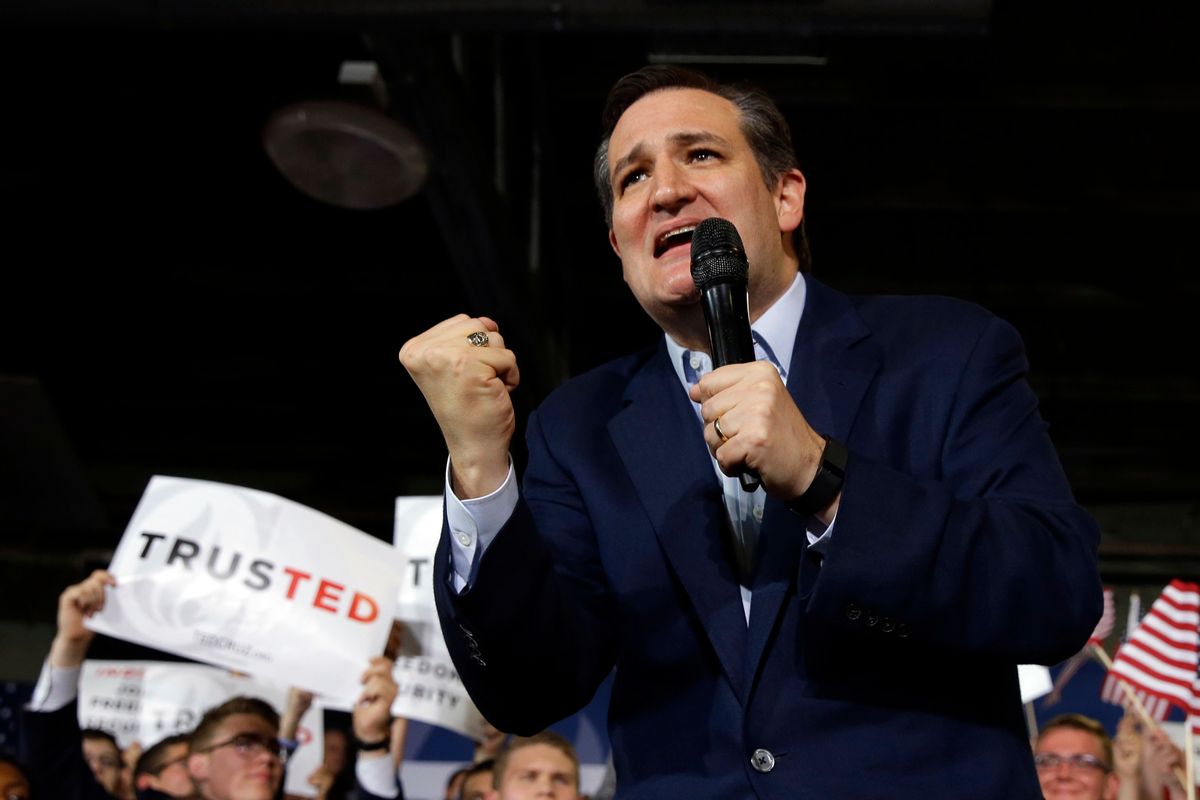 Republican presidential candidate Sen. Ted Cruz, R-Texas, speaks during a rally at the Hoosier Gym in Knightstown, Ind., Tuesday, April 26, 2016. (AP Photo/Michael Conroy) (AP)