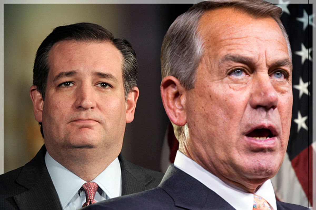 Ted Cruz, John Boehner   (Reuters/Charles Mostoller/Joshua Roberts/Photo montage by Salon)