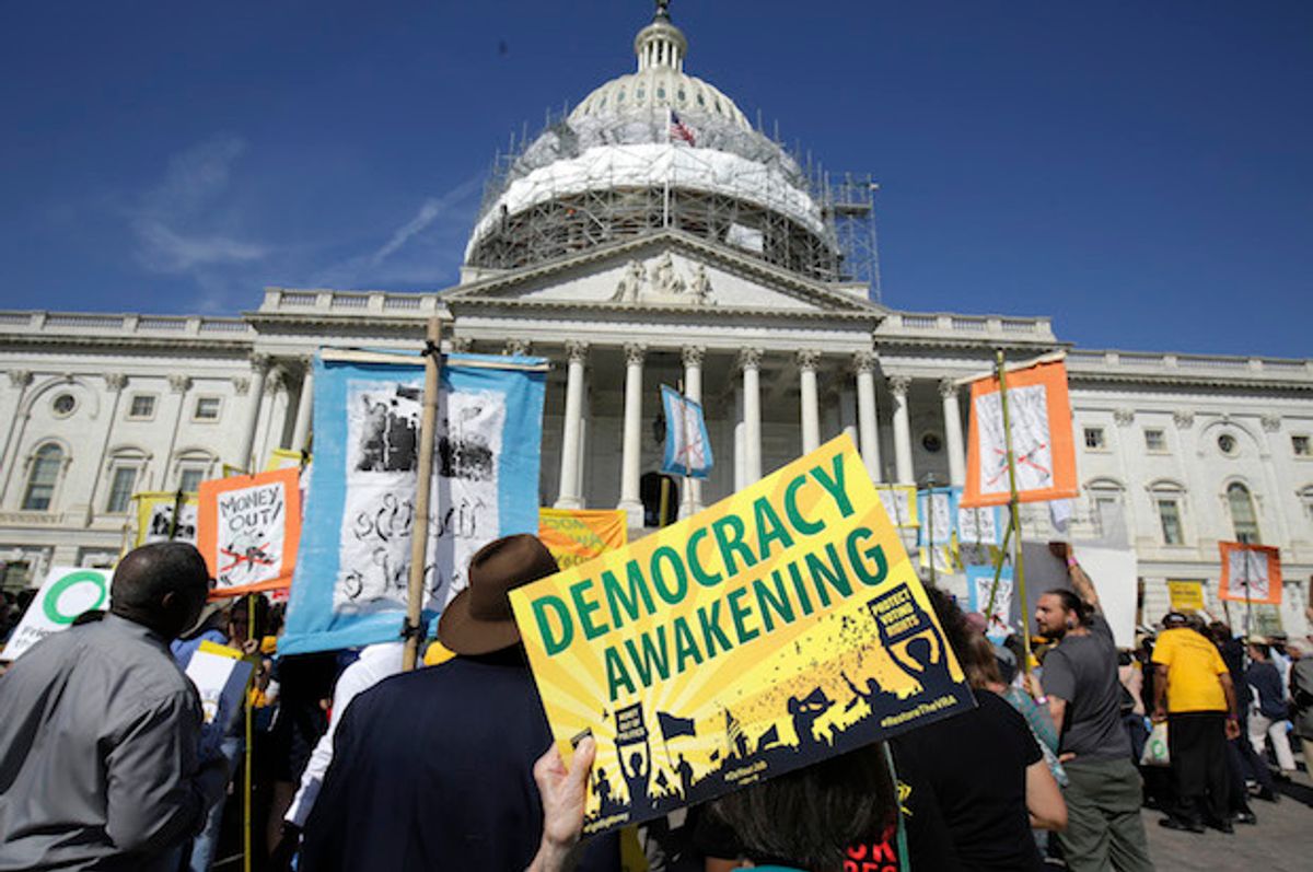 Democracy Spring and Democracy Awakening protesters rally in front of the U.S. Capitol in Washington, D.C. on April 18, 2016  (Reuters/Joshua Roberts)
