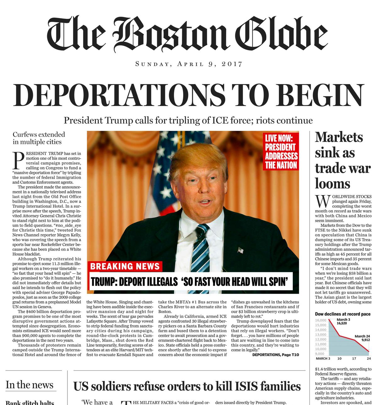 This image shows a portion of a satirical front page of The Boston Globe published on the newspaper's website on Saturday, April 9, 2016. The editorial board of The Boston Globe used the parody to express its uneasiness with a potential Donald Trump presidency. (The Boston Globe via AP) (AP)