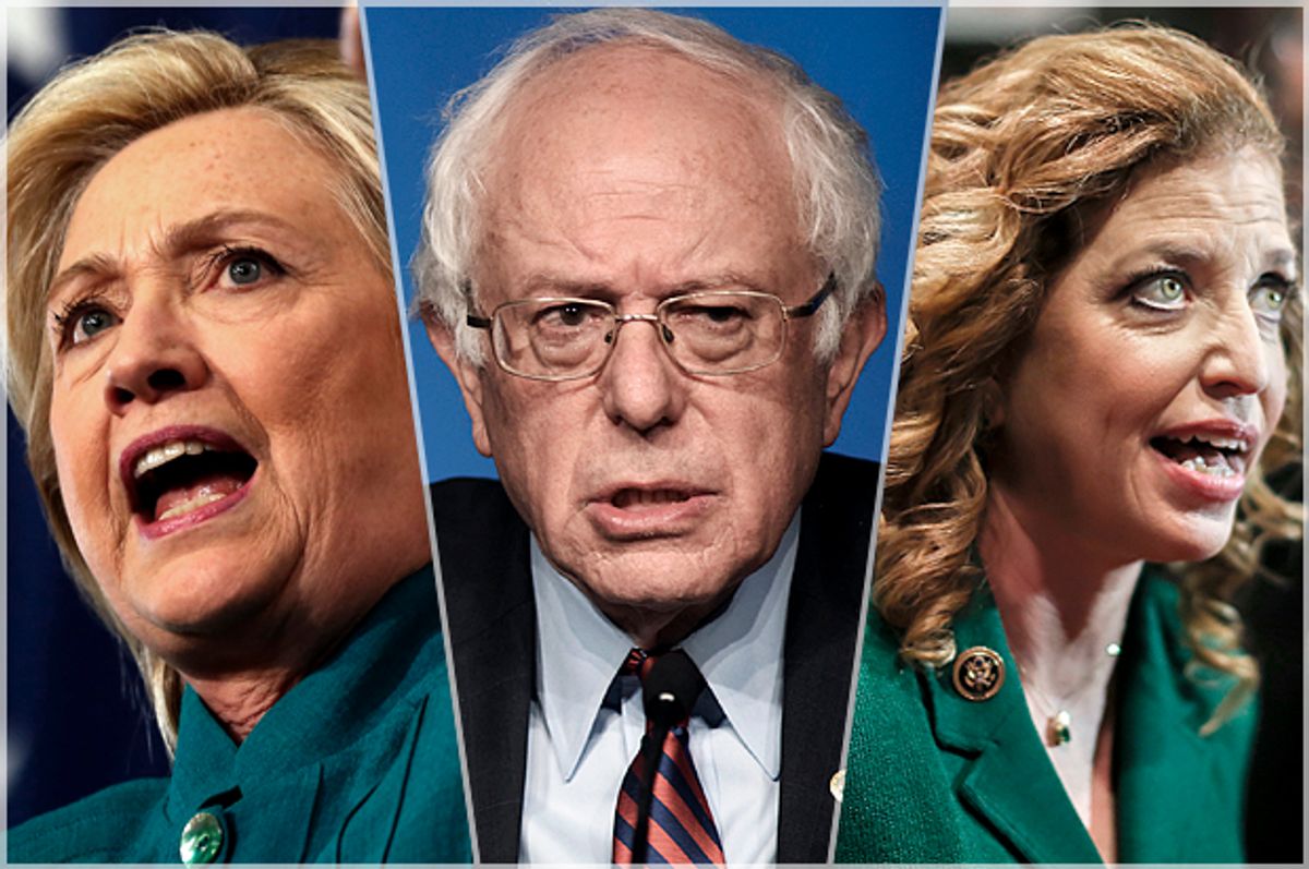 Hillary Clinton, Bernie Sanders, Debbie Wasserman Schultz   (AP/Reuters/Jim Young/Mark Kauzlarich/Stephen B. Morton)