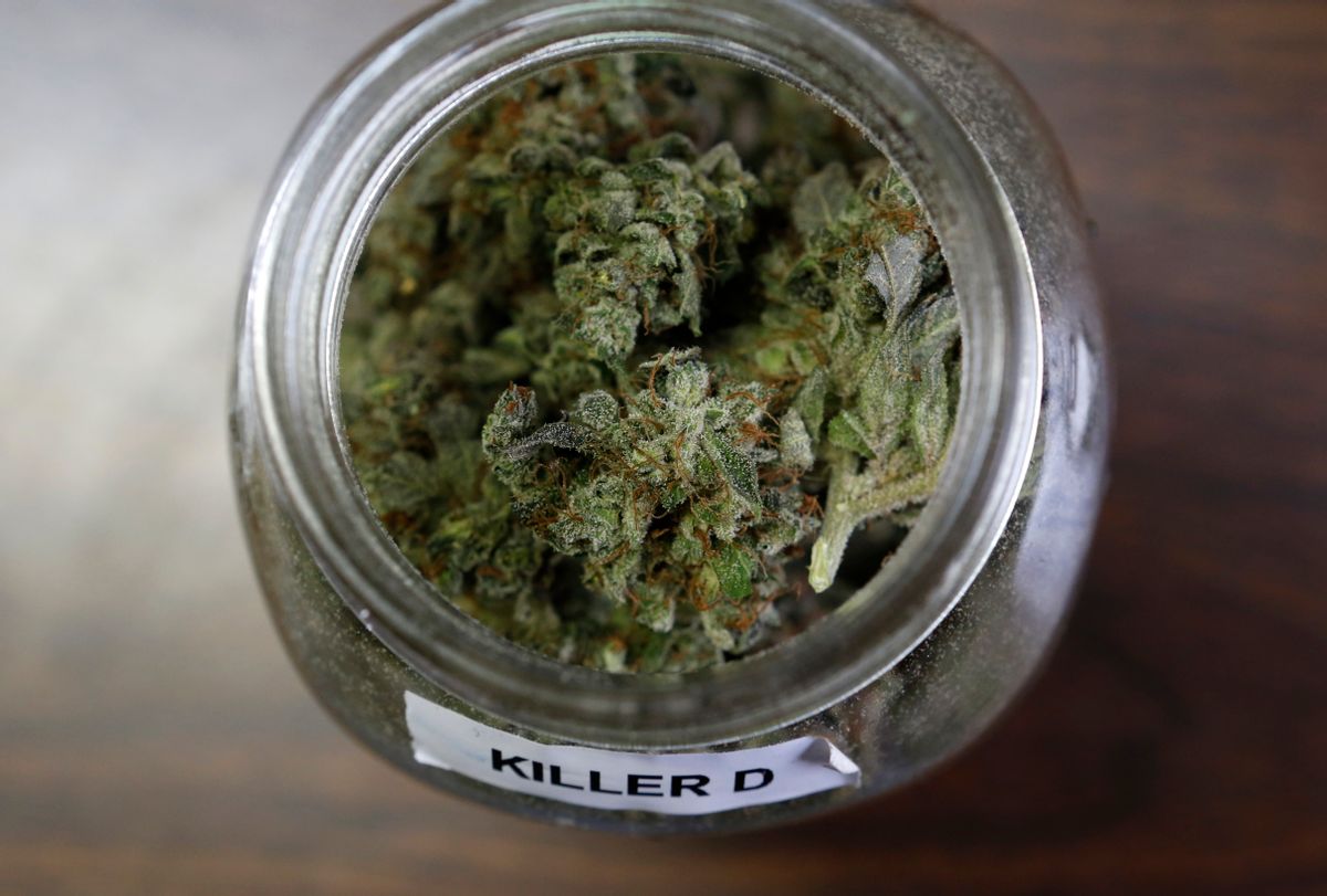 In this Friday, April 22, 2016 photo, a jar containing a strain of marijuana nicknamed "Killer D" is seen at a medical marijuana facility in Unity, Maine. A growing number of health experts and law enforcement officials are making the case that marijuana could help reduce the numbers of overdoses and redirect money into fighting heroin and other opiates. (AP Photo/Robert F. Bukaty) (AP)