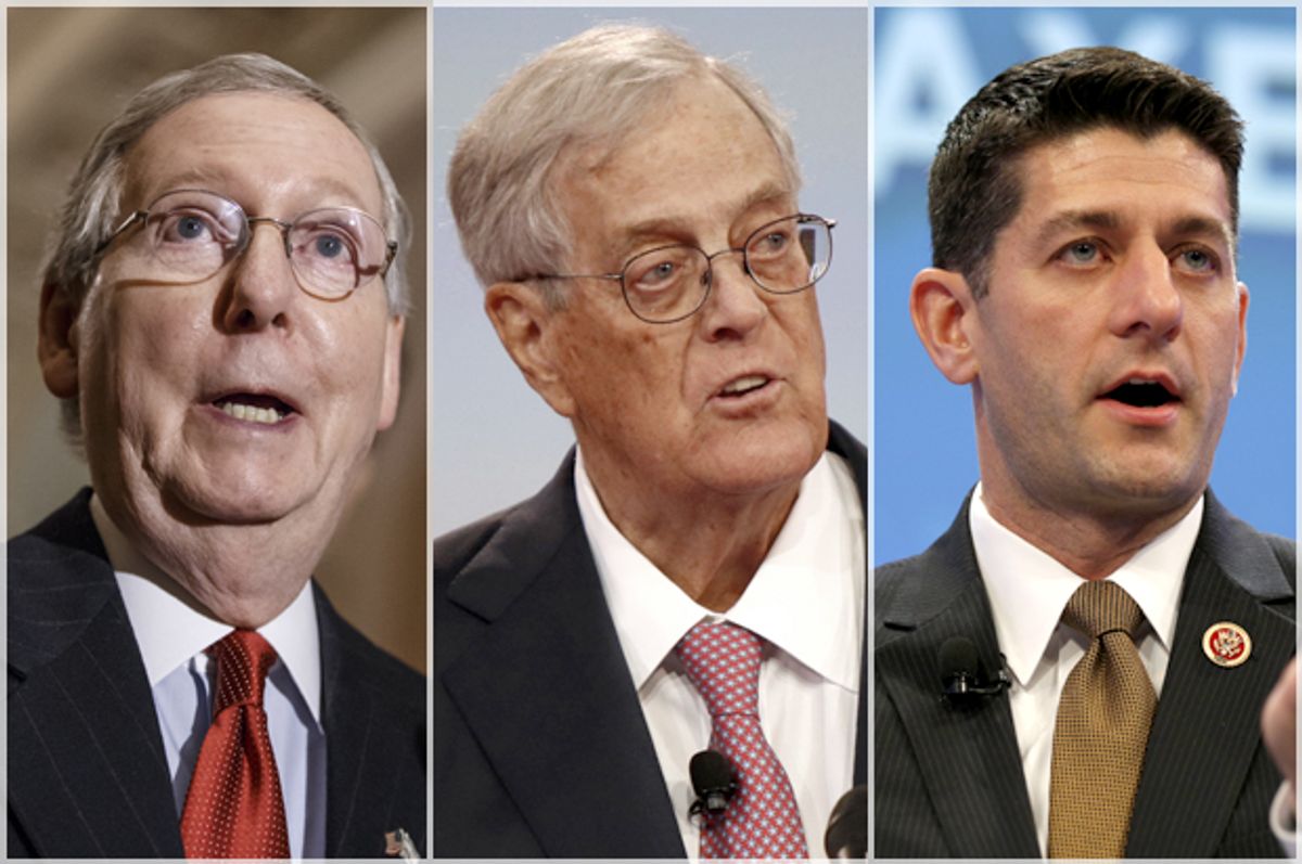 Mitch McConnell, David Koch, Paul Ryan   (AP/Reuters/J. Scott Applewhite/Paul Vernon/Kevin Lamarque)