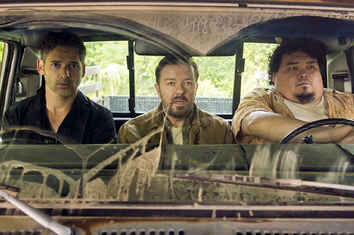 Eric Bana, Ricky Gervais and Pedro Miguel Arce in "Special Correspondents"    (Netflix)